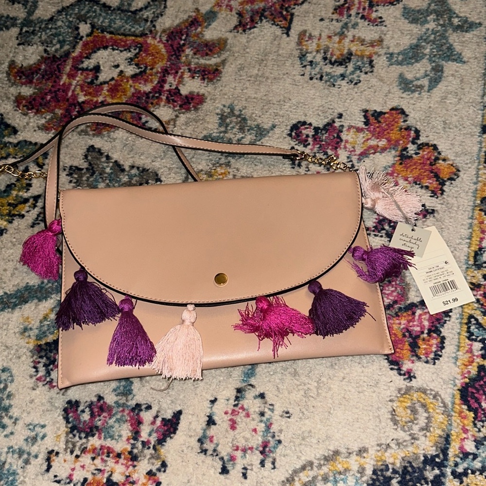 A new day // brown clay crossbody bag with purple and various pink shade tassels